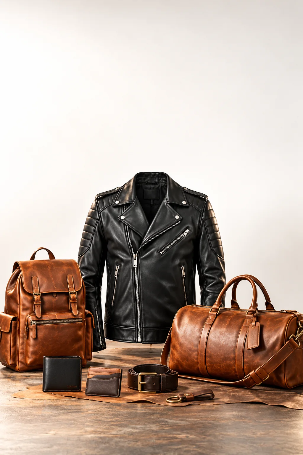 Leather jacket, bags, wallets and belt made to order