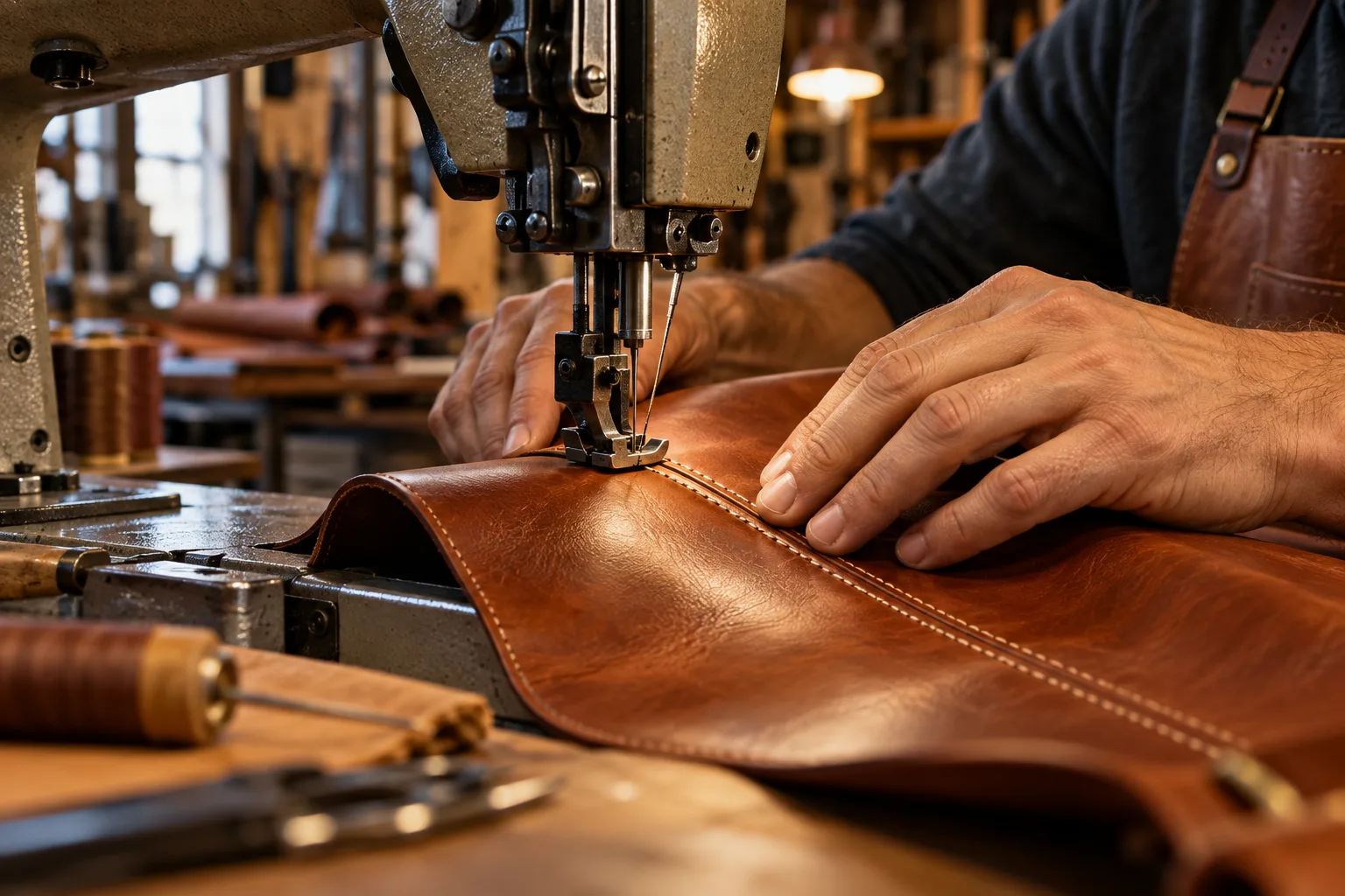 Craftsman working on leather
