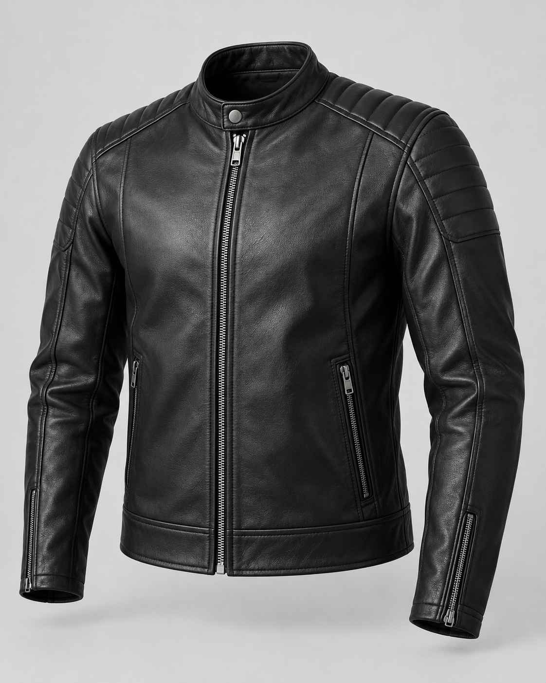 Concept render of an unbranded black motorcycle leather jacket — view 2