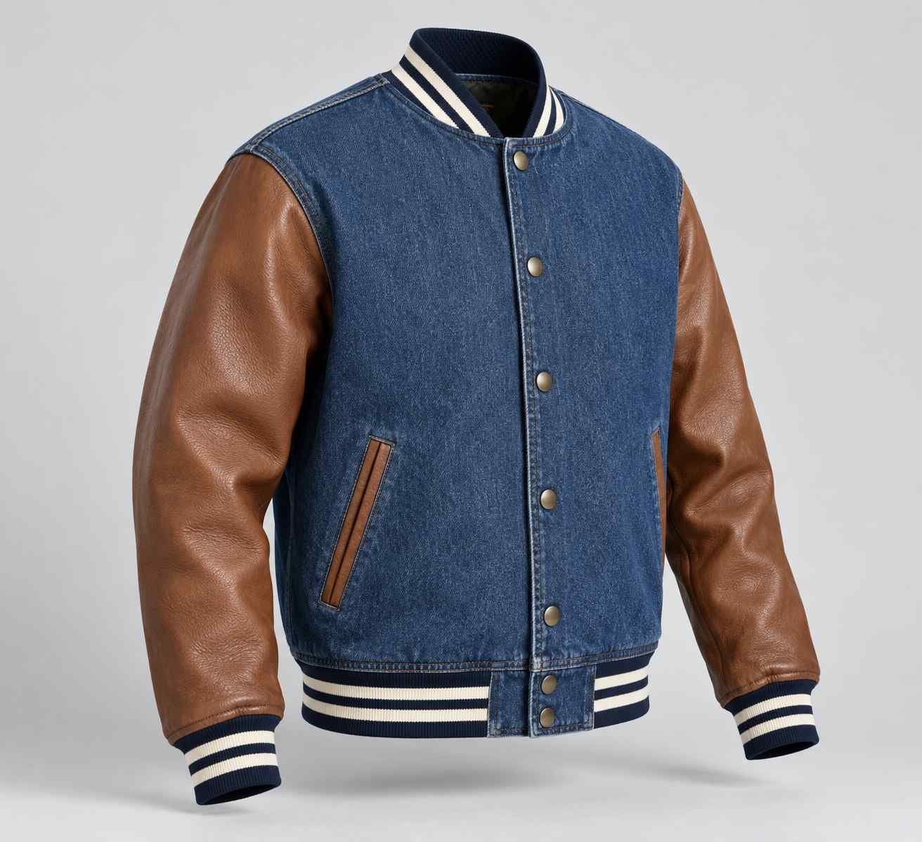 Denim varsity jacket with leather sleeves — view 2