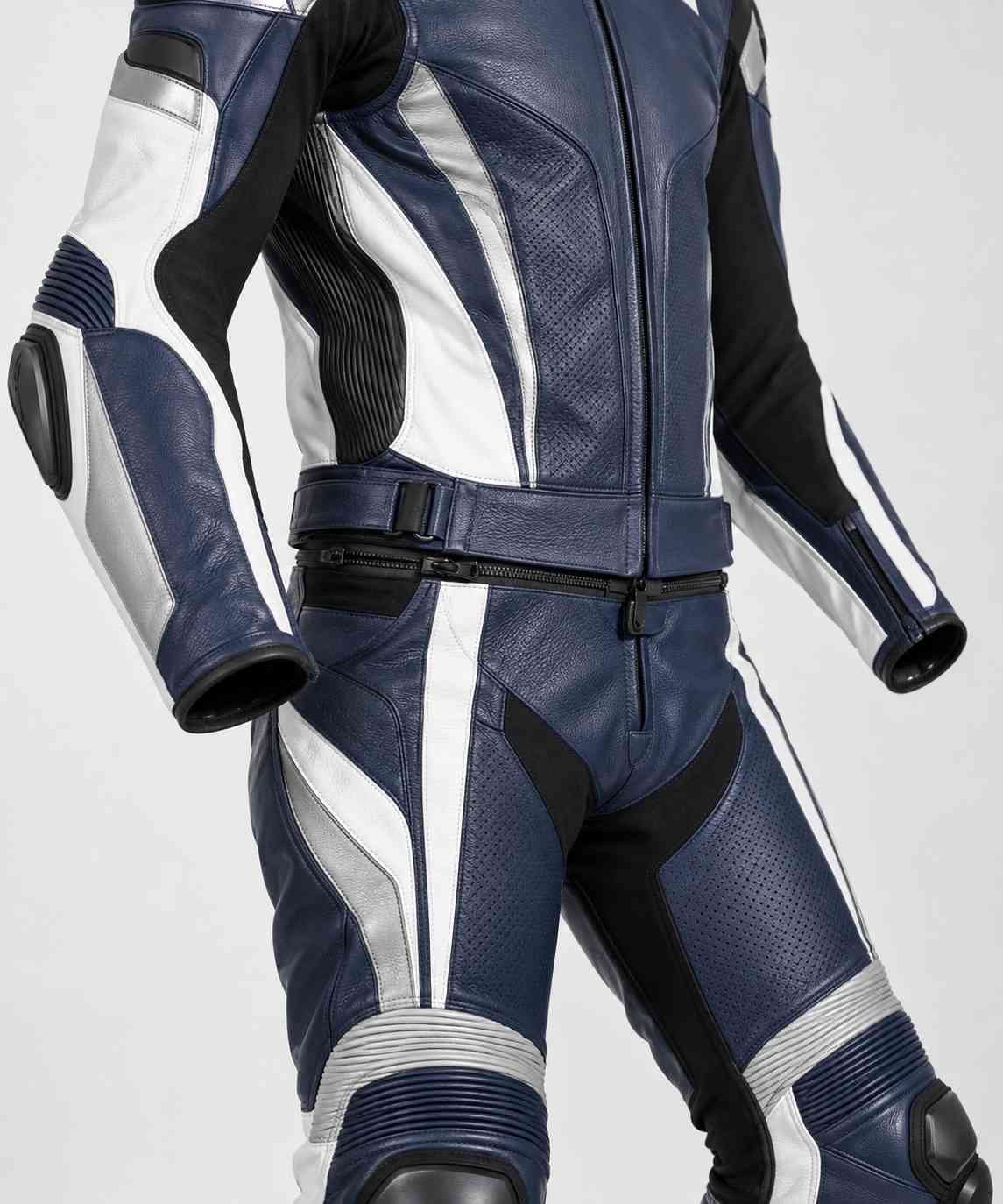 Concept render of an unbranded two-piece motorcycle racing suit — view 4