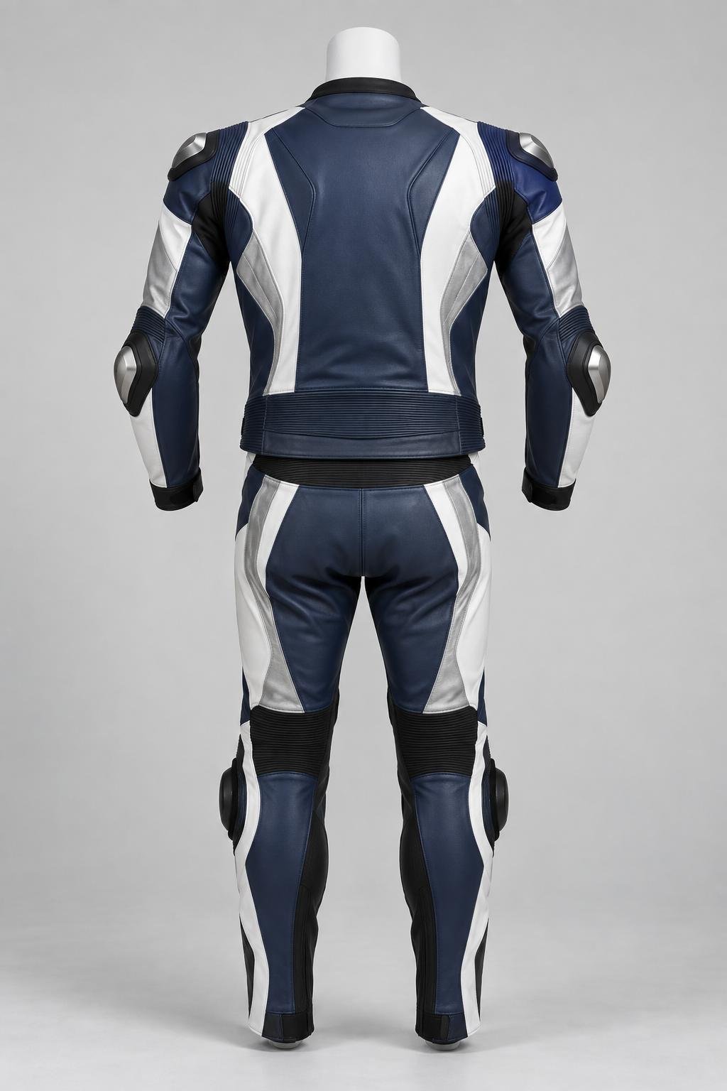 Concept render of an unbranded two-piece motorcycle racing suit — view 3