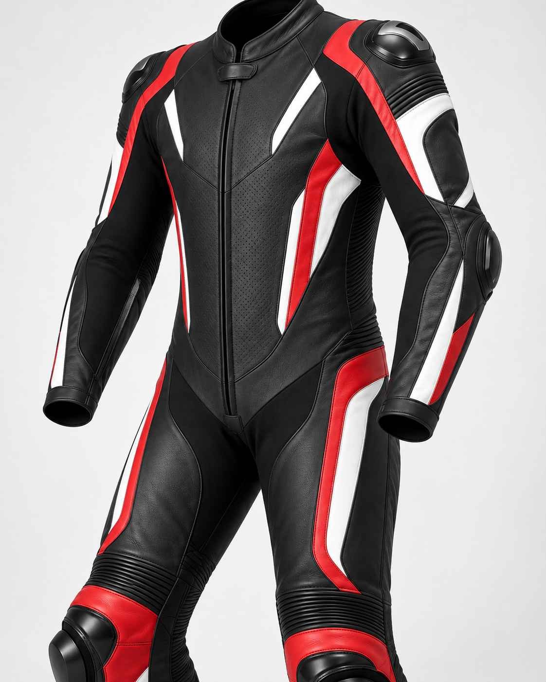 Concept render of an unbranded one-piece motorcycle racing suit — view 4