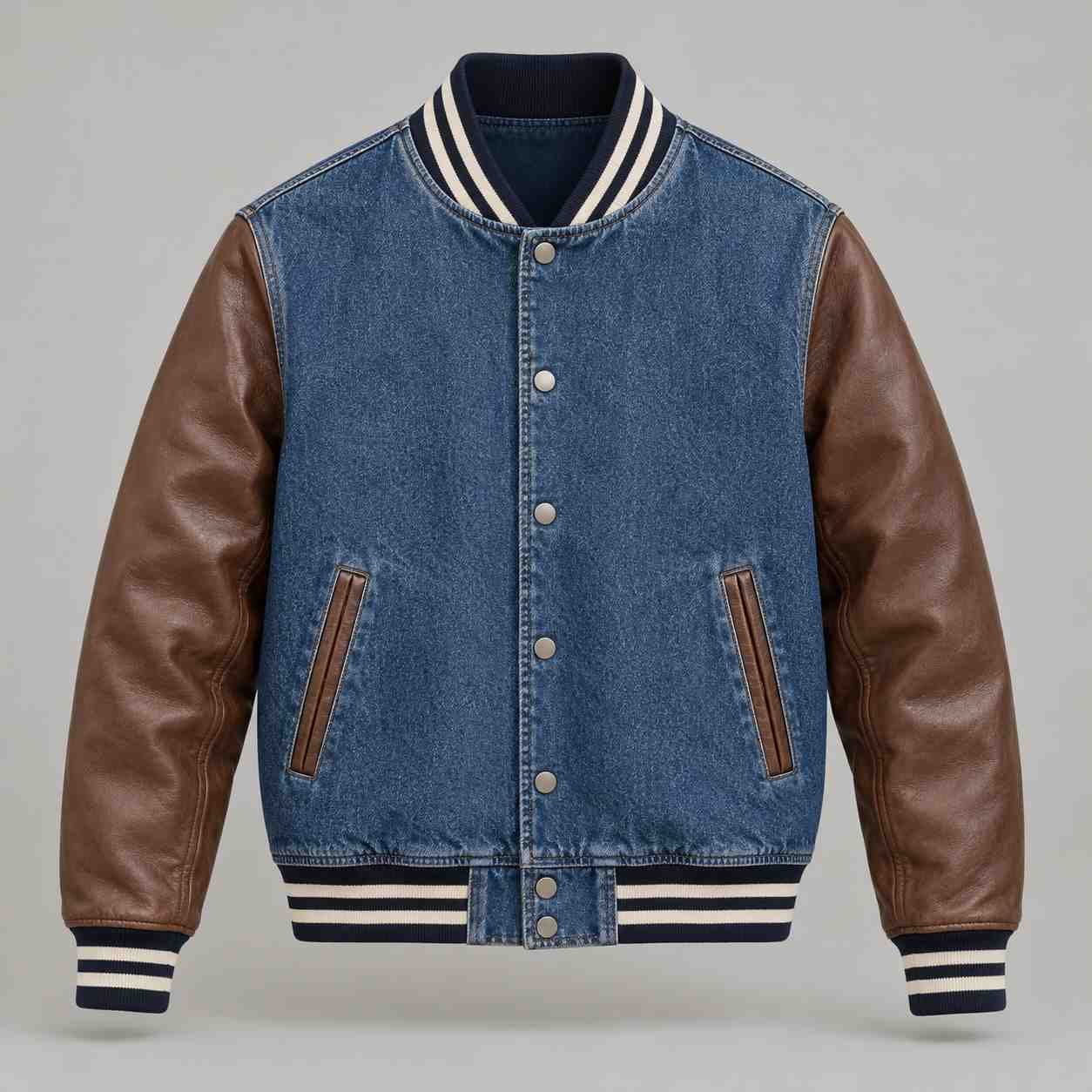 Denim varsity jacket with leather sleeves