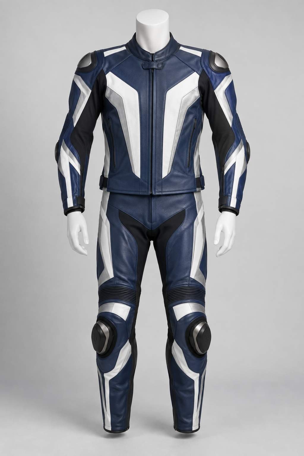 Concept render of an unbranded two-piece motorcycle racing suit