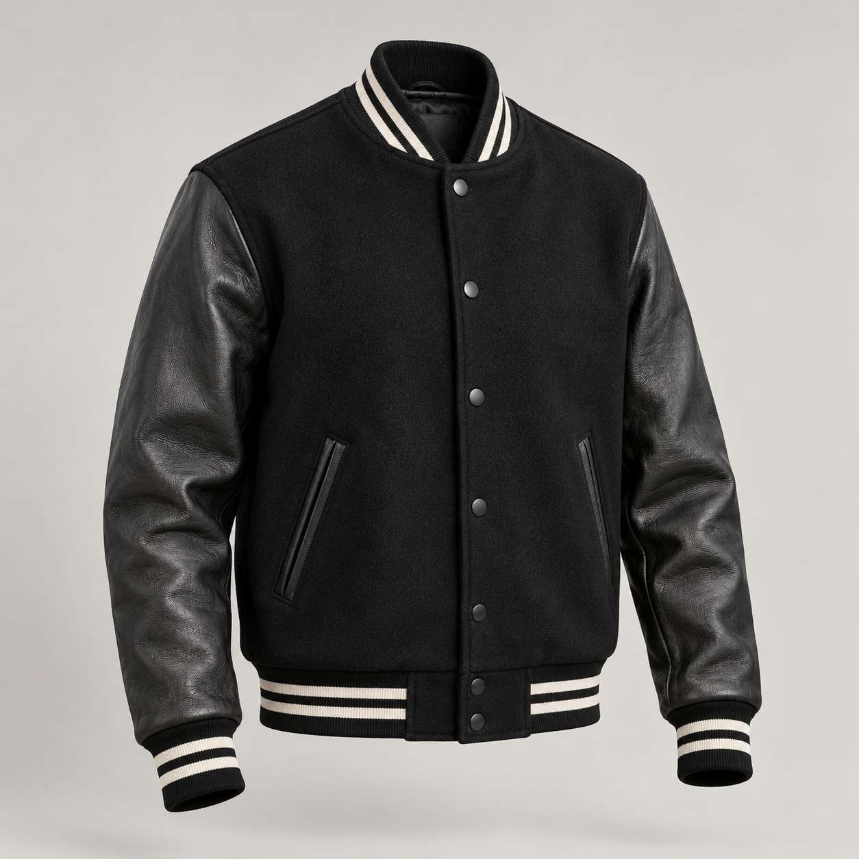 Varsity jacket with leather sleeves